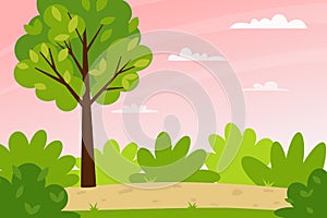 Horizontal spring summer landscape. Sunset, pink sky. A forest with trees, bushes, and a path. Clear weather. Color vector