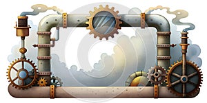 Horizontal steampunk frame with rusty pipes and gears, illustration in grainy style, on white background. AI generated.