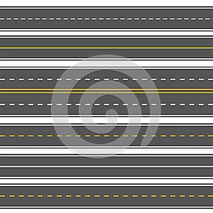 Horizontal straight seamless roads. Modern asphalt repetitive highways. Road asphalt straight seamless, highway street for transpo