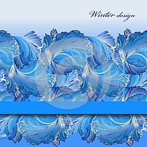 Horizontal stripe border design. Winter frozen glass background. Text place.