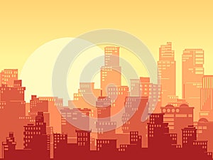 Horizontal stylized illustration of a big city at sunset.