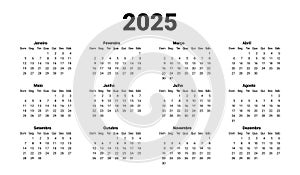 Horizontal template calendar New Year 2025. Portuguese calendar design. Portugues week starts on Monday. Yearly grid on photo