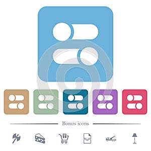 Horizontal toggle switches solid flat icons on color rounded square backgrounds