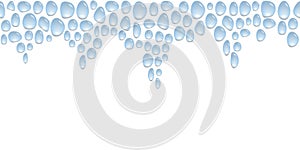 Horizontal top decoration with water drops, background with blue water spots, vector wallpaper