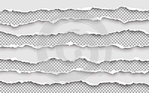 Horizontal torn paper edge. Ripped squared horizontal white paper strips. Vector illustration