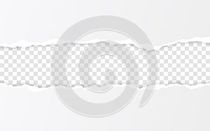 Horizontal torn paper edge. Ripped squared horizontal white paper strips. Vector illustration