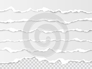 Horizontal torn paper edge. Ripped squared horizontal white paper strips. Vector illustration