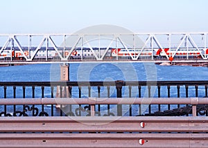 Horizontal train crossing the bridge transportation background hd