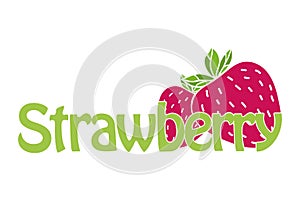 Horizontal trendy strawberry logo. Text and illustration in flat design.