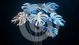 A horizontal tropical plant design element featuring ferns and palm tree leaves set against a jungle black background is photo