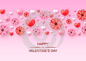 Horizontal Valentine s Day greeting card with red and pink hea