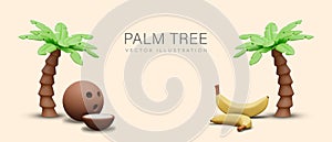 Horizontal vector banner with 3D palm trees, coconut, banana