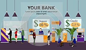 Horizontal vector banner with bank interiors. Finance and money concept. Flat cartoon illustration