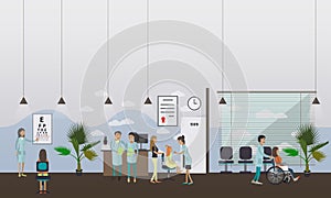 Horizontal vector banner with doctors and hospital interiors. Medicine concept. Patients passing medical check up.