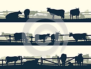 Horizontal vector banner farm fields with fence and farm animals