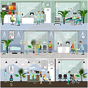 Horizontal vector banners with doctors and hospital interiors. Medicine concept. Patients passing medical check up