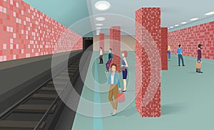 Horizontal vector illustration of the people standing in the subway and waiting for a train.