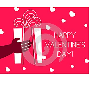 A horizontal vector valentine`s card with a gift box. St. Valentine`s day image with a lettering and gift box in a hand. White and