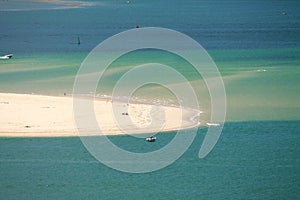 Horizontal view on atlantic ocean with boats by the dune pyla