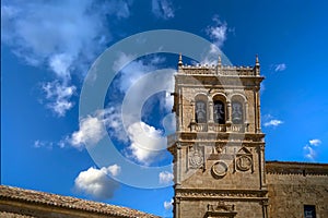 Horizontal view of the beautiful plateresque tower of the church of Morón de Almazan, in Soria, Spain