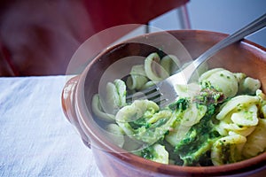 Horizontal View Of Close Up Of A Hot And Smoking Italian Traditional Food Called Orecchiette Con Le