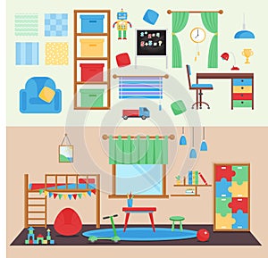 Horizontal view cozy baby room decor vector children bedroom interior illustration with furniture and toys. Nursery