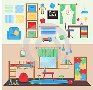 Horizontal view cozy baby room decor children bedroom interior illustration with furniture and toys. Nursery childhood