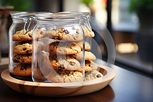 Horizontal view of gluten free cookies in a glass jar on table