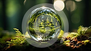 horizontal view, Green Globe In Forest With Moss And Defocused Abstract Sunlight. Generative AI