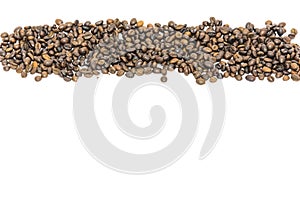 Horizontal view heap of roasted Vietnamese robusta coffee beans isolated