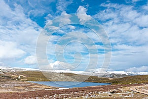 Horizontal view of a lake in the mountains in winter. Sunny day landscape and snowy mountains breathing pure and unpolluted air photo