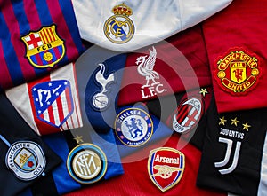 Horizontal view of The Super League or European Super League teams jerseys. annual
