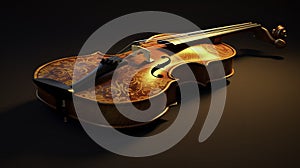 Horizontal view of a violin with a bow on a dark background generated by A