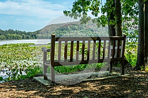 Horizontal view of the wooden bench overlooking the peaceful Rockland Lake in New York