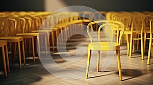 horizontal view of Yellow chair standing out from the crowd. Business concept. Generative AI photo