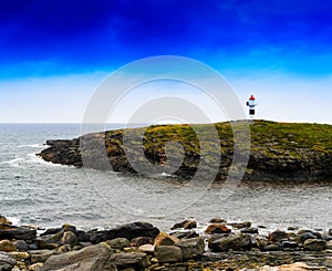 Horizontal vivid Norway right aligned lighthouse  on island land