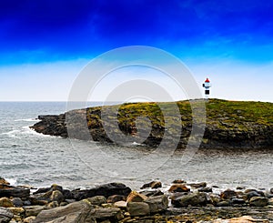 Horizontal vivid Norway right aligned lighthouse on island land
