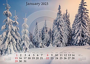 Horizontal wall calendar for 2023 year.