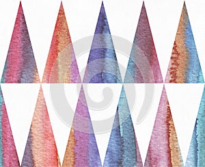 Horizontal watercolor texture based on seamless stripe pattern and long triangles background, watercolor paper, hand drawn with br