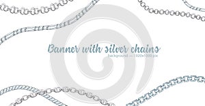 Horizontal web banner with abstract pattern of hand-drawn sketch silver chain isolated on white background