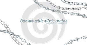 Horizontal web banner with abstract pattern of hand-drawn sketch silver chain isolated on white background