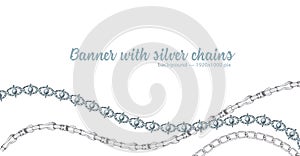 Horizontal web banner with abstract pattern of hand-drawn sketch silver chain isolated on white background