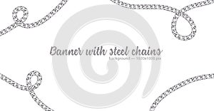 Horizontal web banner with abstract pattern of hand-drawn sketch silver chain isolated on white background