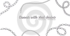 Horizontal web banner with abstract pattern of hand-drawn sketch silver chain isolated on white background