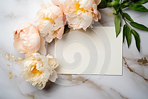 Horizontal wedding stationery mock up scene. White blank paper for invitations and greeting card with pastel peach peonies flowers
