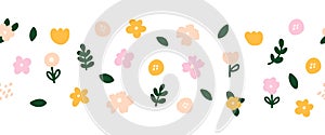 Horizontal white banner or floral backdrop decorated with multicolored blooming flowers and leaves seamless border. Spring