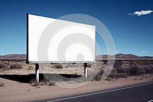 Horizontal white billboard mockup. Poster on street next to roadway, blue sky