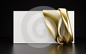 Horizontal white card with a drapery of gold fabric. 3d illustration. Template for presentation, advertising. Render