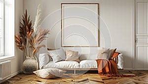 Horizontal white frame mockup on vintage wooden bench with an empty poster frame on a white wall