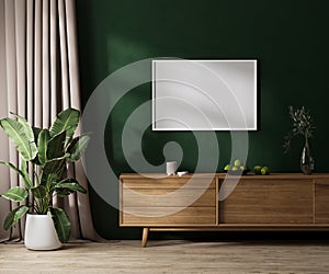 Horizontal white picture frame mock up on dresser in modern room interior with green wall with sunlight